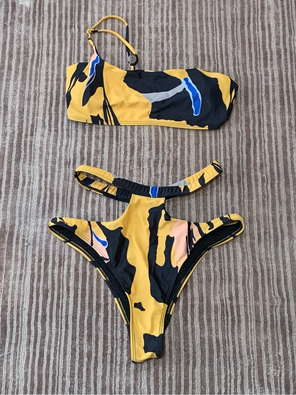 Yellow & Black Abstract Print Cutout Bikini
